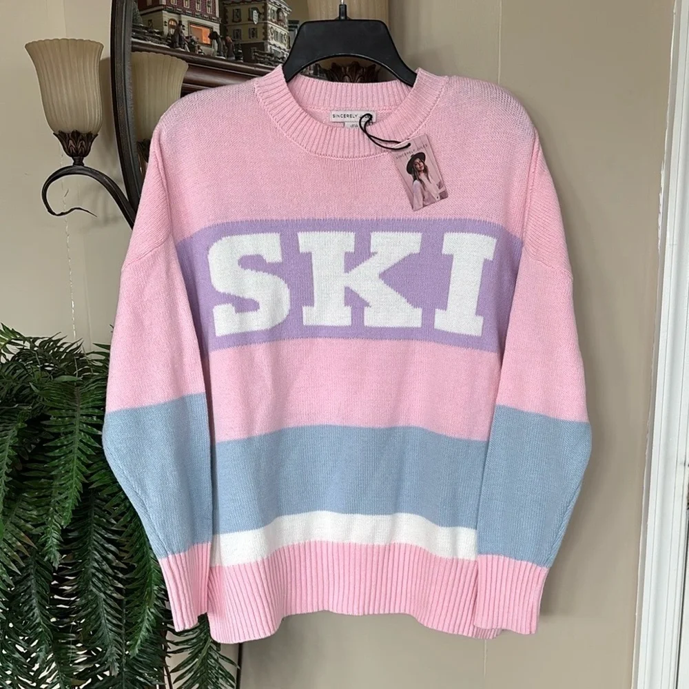 NWT Sincerely Jules Knit Pink Pastel Ski Sweater Crew Neck Oversized Stripes